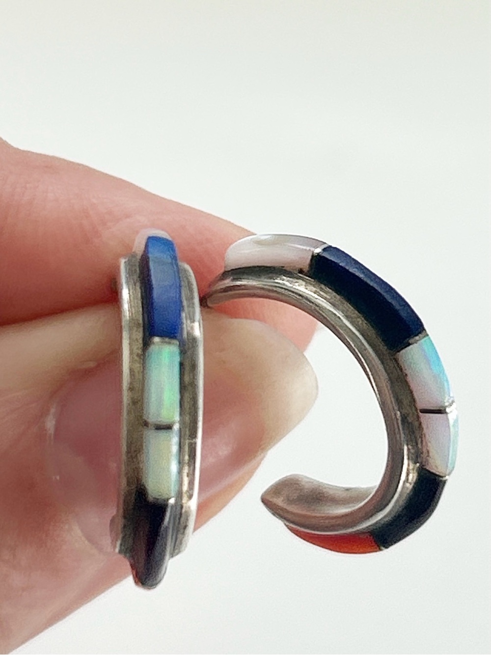 Vintage Southwestern Lapis Opal Coral Inlay Sterling Silver C Hoop Earrings